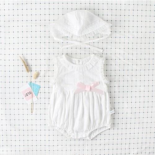 New Summer Newborn Infants Bodysuits Cotton Bowknots Toddlers Kids Clothes Lace Baby Girls Princess Jumpsuits with Hat