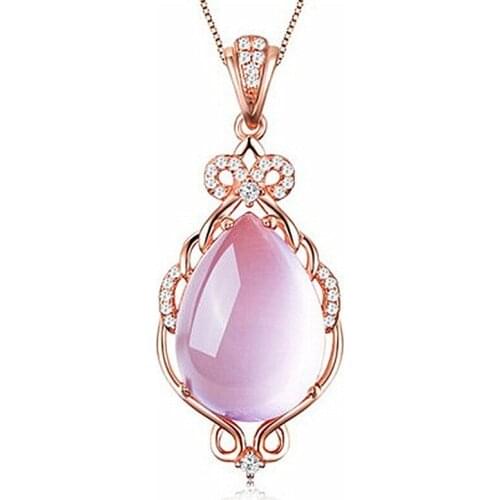 Ociki Rose Gold Color Ross Quartz CZ Crystal Pink Opal Pendant Jewelry Necklace for Women Girls Gift Chokers Drop Shipping