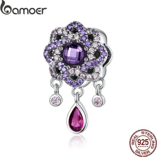BAMOER High Quality 925 Sterling Silver Purple Flower Shape Charms Pendants Fit Charm Bracelets & Necklaces Jewelry SCC1075