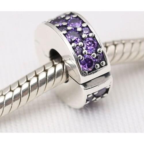 S925 Silver DIY Jewelry Shining Elegance Clips Stoppers Charm fit Lady Bracelet Bangle Fancy Purple CZ