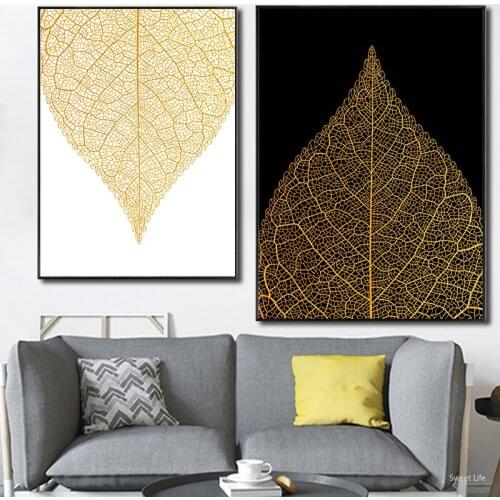 Nordic Modern Golden Black Leaf Canvas Painting Poster Print HD Decor Wall Art Pictures For Living Room Bedroom Unique Plants
