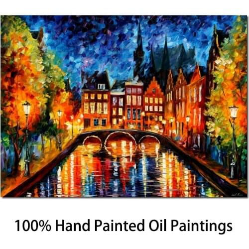 Contemporary Oil painting Amsterdam canal Colorful Picture Abstract Modern Art Landscapes High quality Hand painted Canvas Gift