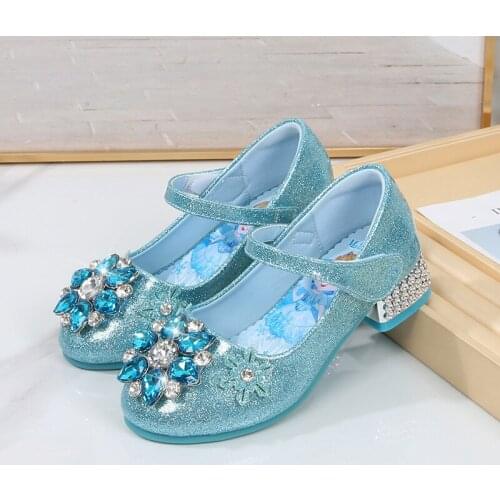 Disney Princess Kids Leather Shoes for Girls Flower Casual Glitter Children High Heel Girl Shoes Butterfly Knot Blue Pink Silver