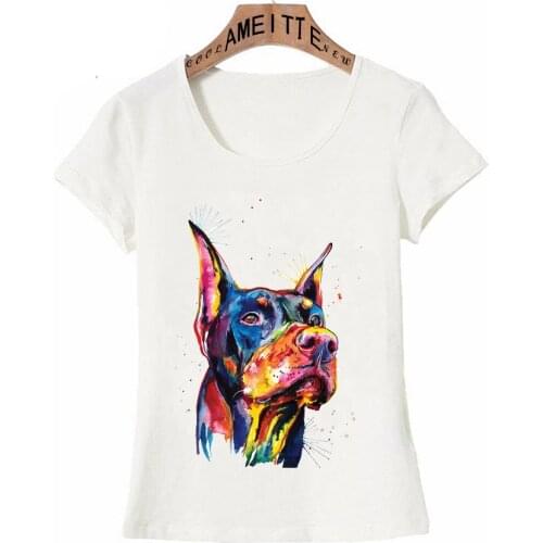 Colorful Doberman Dog Cool Print T-Shirt Summer Women Short Sleeve Woman Funny Animal Design Casual Tees Fashion Cute Girl Tops