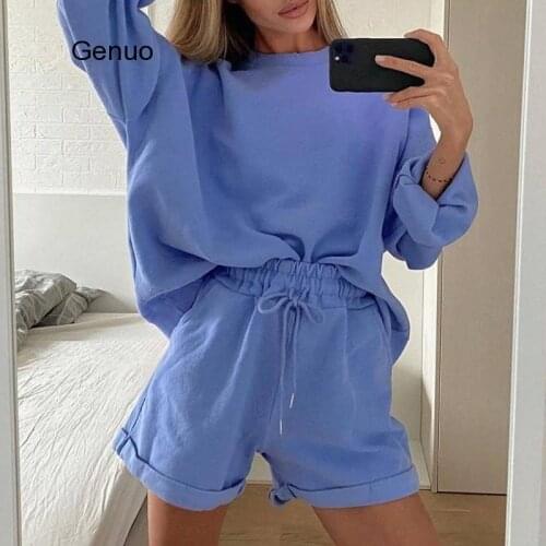 Women Tracksuits Two Piece Casual Suits Oversize Streetwear Autumn Winter Suits 2020 Sweatshirt + Sporting Shorts Suits