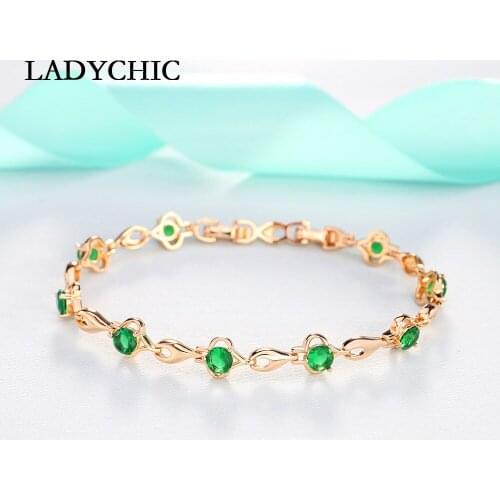 LADYCHIC New Fashion Cubic Zirconia Gold Color Charm Link Bracelet Romantic Green Crystal Bangles Jewelry Gift for Women LB1021
