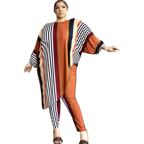 Plus Size 2 Piece Women Sets Batwing Sleeve Loose Irregular Long Tops Outfits Fashion Striped Large Size Casual Pant Suits 2021