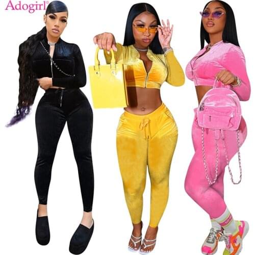 Adogirl Women Solid Velvet Tracksuit Fashion Casual Two Piece Sets Zipper Long Sleeve Sweatshirts Crop Tops Pants Sport Suit