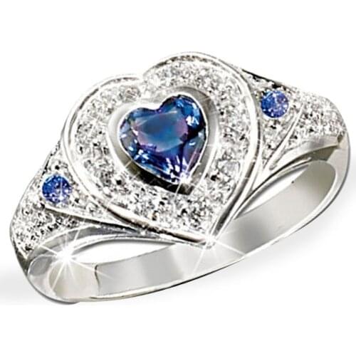 Popular Shiny Blue Heart Love White Crystal Zirconia Silver Color Female Ring for Women Party Jewelry Accessories