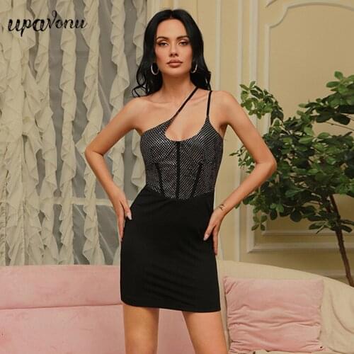 Free Shipping Summer 2021 Womens One Shoulder Strap Bodycon Dress Sexy Sleeveless Metallic Halter Dress Club Party Vestidos