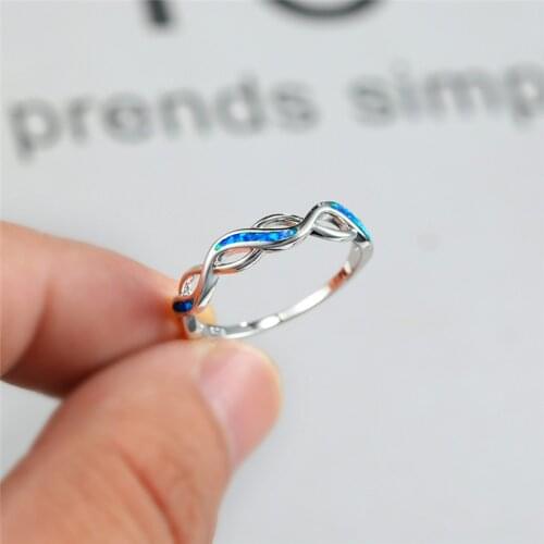 Classic Silver Color Thin Wedding Ring Vintage Hollow Geometry Engagement Ring Boho Female White Blue Opal Stone Rings For Women