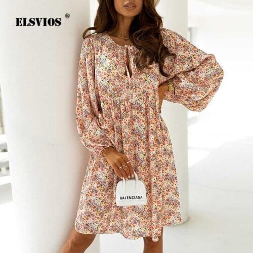 Women Autumn Summer Dresses Casual Loose V-neck Long Sleeve Mini Dress Lady New Fashion Floral Print Elegant Temperament Dresses
