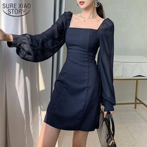 2021 New Dark Blue Long Sleeve Slim Commute Mini Dress Square Collar Dress Sexy Hip Dress Woman Summer Dress 13274