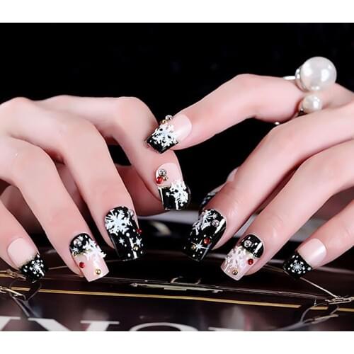 24pcs DIY Sexy Christmas Full Cover Nail Art Tips with Glue Girls Black Color Snowflake Printing False Nails Best Christmas Gift