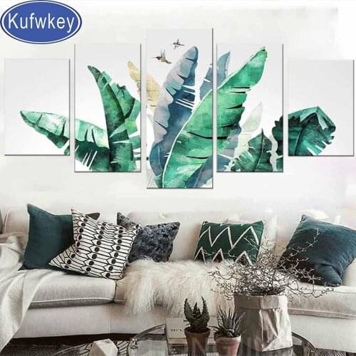 3D Crystal Diamond Painting Tropical Palm Leaves Banana,3d Cross Stitch DIY Diamond Embroidery Rhinestone Plant Painting 5 Piece