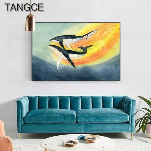 Abstract Yellow Cloud Purple Whale Canvas Art Modern Deep Sea Poster Print Nordic Wall Picture for Living Room Watercolor Poster