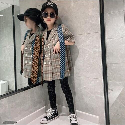2021 Korean style girls plaid blazer cotton fashion long sleeve autumn girls coat 4-9t B623