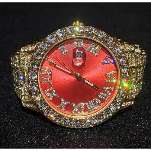 Hip Hop MISSFOX Red Diamond Mens Iced Out Watches Top Brand Luxury Automatic Day Date AAA Quartz Wristwatches For Man Jewelry