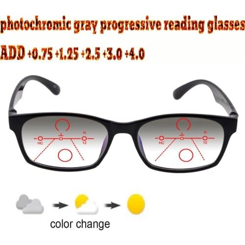 Photochromic Gray Progressive Multifocal Reading Glasses Men Woem Ultralight Black Frame+1.0 +1.5 +1.75 +2.0 +2.5 +3 +3.5 +4