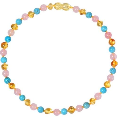 Hot Selling Amber Baby Molars Necklace Amber+turquoise+Rose Quartz Childrens Crystal Jinpo Baby Teething Necklace Jewelry