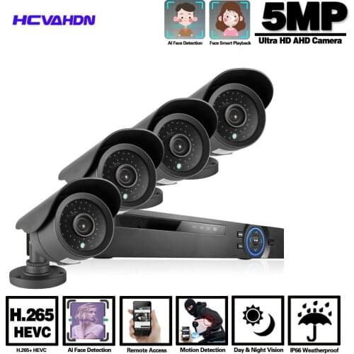 Face Record 5MP CCTV System 4CH Video Surveillance Kit for Home 5MP HDMI DVR 4PCS 5MP 2592*1944P Outdoor Security Camera 2TB