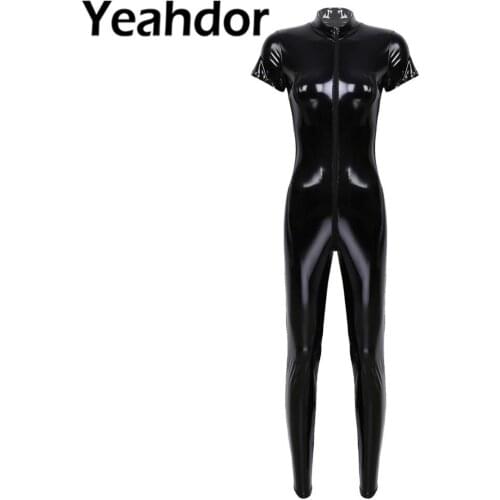 Women Jumpsuit One Piece Glossy Wetlook Patent Leather Stand Collar Cap Sleeves Zippered Bust Crotch Leotard Bodysuit Clubwear