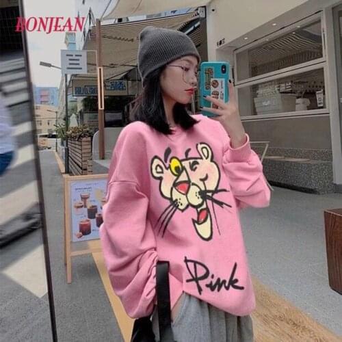 Korean Loose Harajuku Oversized Pink Pullover Fleece Cartoon Hoodies Shirt Women Streetwear Vintage Clothing Tops 2020