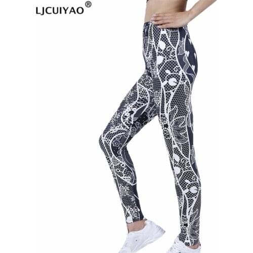 LJCUIYAO Women Patchwork Sport Leggings High Waist Tights Pants Solid Wear Gym Push Up Black White Floral Love Yoga Streetwear