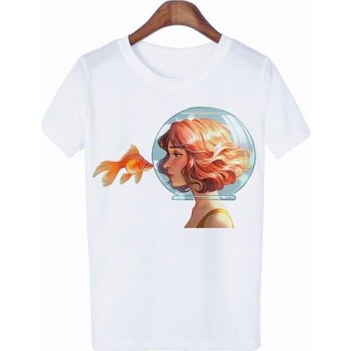 Fashion Graphic Short Sleeve Clothes Female Casual Cotton Tops Tee Summer Harajuku Cartoon Goldfish Girl Print Women T-Shirt