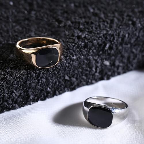 Men Trendy Steel Signet Ring Vintage Enamel Polished Square Ring Gold Silver Color Wedding Band Rings Women Jewelry Accessories