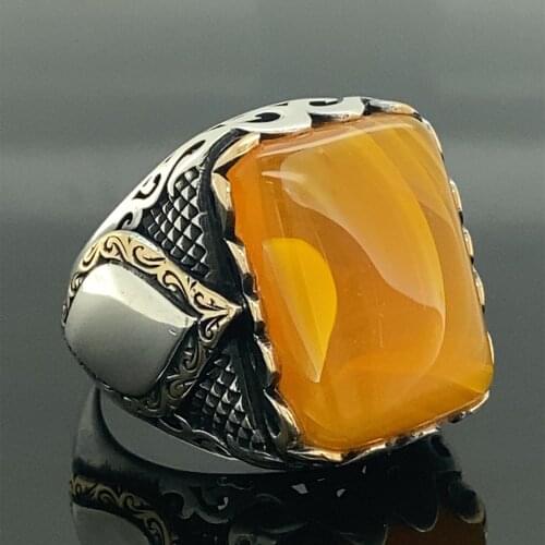 Men Silver Ring , Honey Amber Stone Ring , Natural Amber Ring , Turkısh Handmade Ottoman Style Ring , 925k Sterling Silver Ring