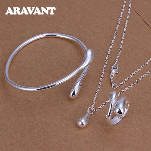 925 Silver Jewelry Set Water Drop Necklace Rings Bangles Sets For Women Fashion Jewelry