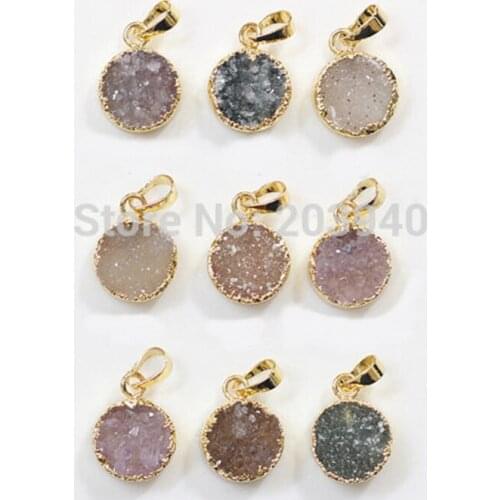 New! Wholesale natural round drusy druzy pendants in 24k gold electroplated on edged, high quality mini charm pendants for women
