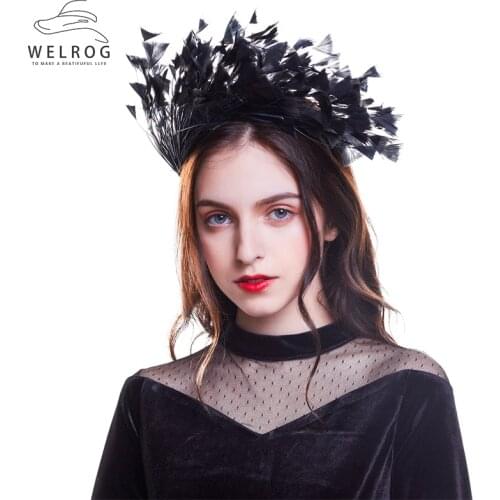 WELROG New Feather Hairband Fascinators on Headband For Women Hair Solid Ribbon Hair Band Hoop Swan Masquerade Cocktail Headwear