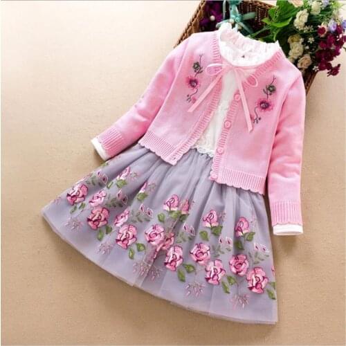 European and American autumn new 2019 Parent-child outfit Knitting cardigan Floral embroidered dress Girls suit
