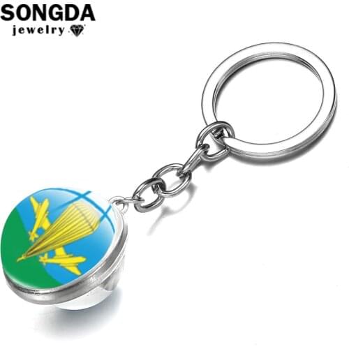 SONGDA New CCCP Soviet Russian Paratroopers Flag Keychain Air Force Troops Glass Ball Pendant Key Chain Men Gift Car Accessories