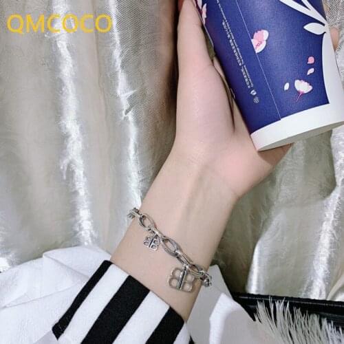 QMCOCO 925 Silver Thick Chain Bracelets INS Fashion Hip-Hop Vintage Simple Couples Letter B Letter Pendant Punk Party Jewelry