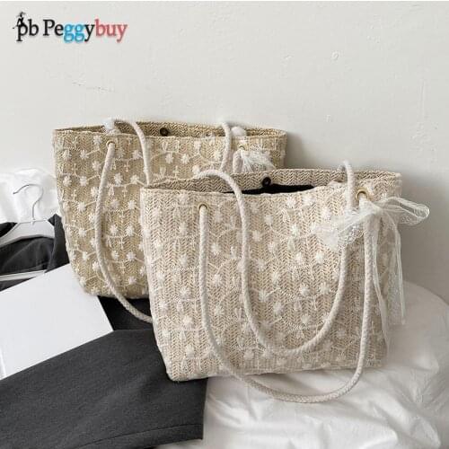 Straw Woven Lace Embroidery Shoulder Tote Bag Fashion Women Vacation Handbags Outdoor Travel Shoulder Shopping Bag