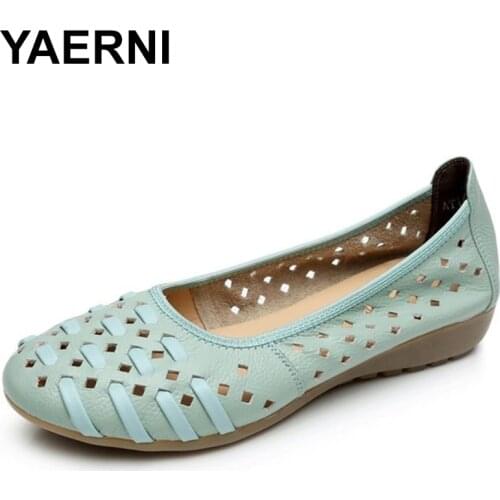 YAERNISummer Women Shoes Woman Fashion Genuine Leather Flat Sandals Woman Casual Comfortable Soft Sandals womens wedges shoes