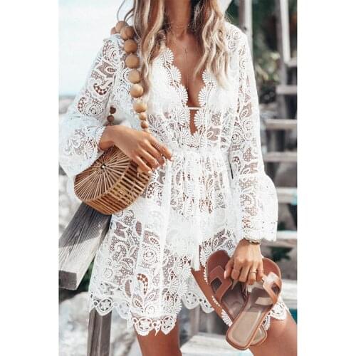2021 New Summer Women Bikini Cover Up Floral Lace Hollow Crochet Swimsuit Cover-Ups Bathing Suit Beachwear Tunic Beach Dress Hot