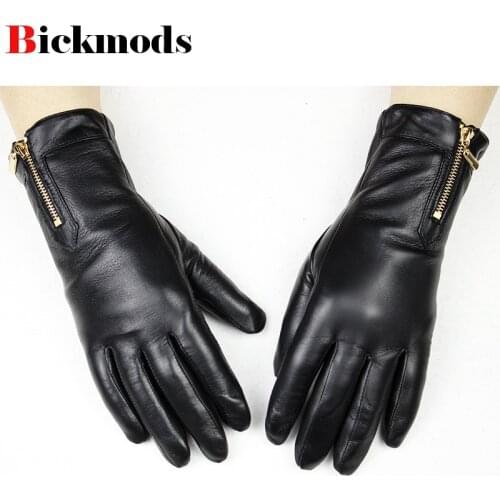 Sheepskin gloves womens fashion zipper style new thick coral cashmere lining warm winter Imported leather gloves