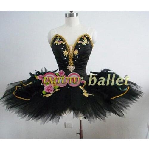 Women Black Swan Lake Professional Ballet Costumes Black With Gold Odile Ballet Stage Tutu Costume