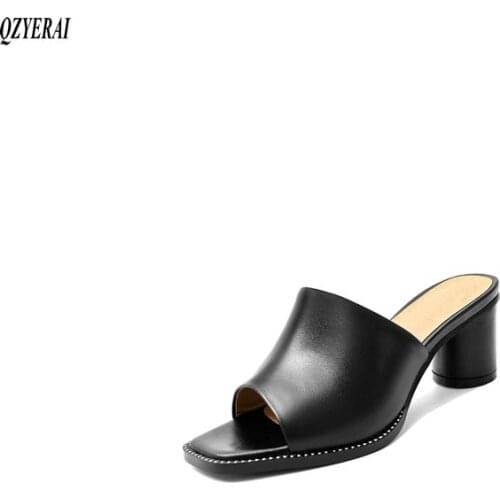 Genuine leather Womens slippers new European style 6cm thick heels cylindrical heels sandals womens shoes size 34-41