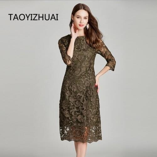 TAOYIZHUAI New Arrival Summer Vintage style Large Size Three Quarter Sleeves Loose Elegant Flower Print Lace Womens Dress 11644