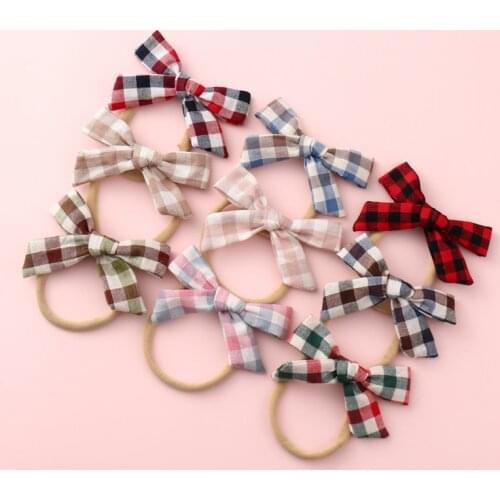 1pcs/lot Newborn Kids Plaid Fabric Bow Nylon Headband,Super soft Nylon Baby headbands,Girls DIY Hair Accessories