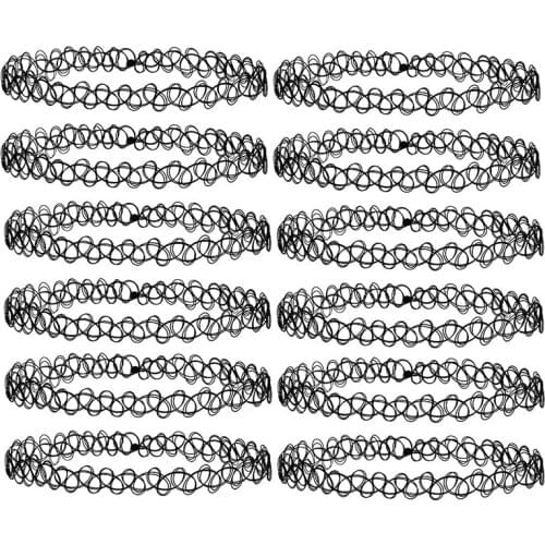 12 pcs/Set Fishline Tattoo Black/Colorful Chokers Necklace Vintage Stretch Gothic Punk Elastic Hollow Chocker for Women Jewelry