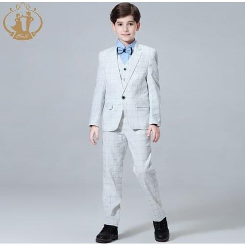 2020 New 3PCS Kids Plaid Wedding Blazer Suit Brand Flower Boys Formal Tuxedos School Suit Kids Spring Clothing Set Baby Boy Suit