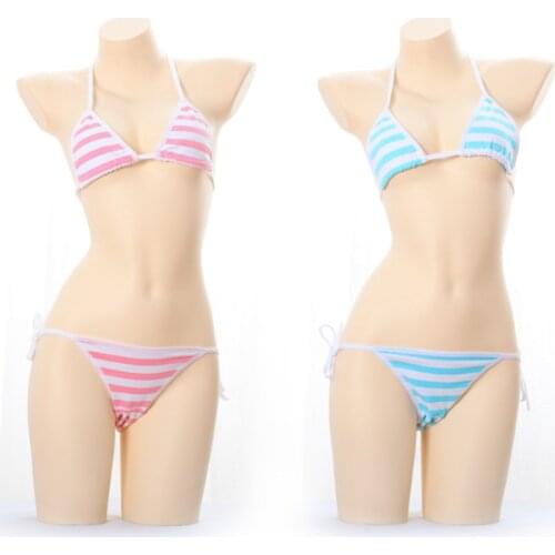 Anime Cosplay bikini Kawaii womens Sexy Blue White Pink White Stripe Mini bikini suit