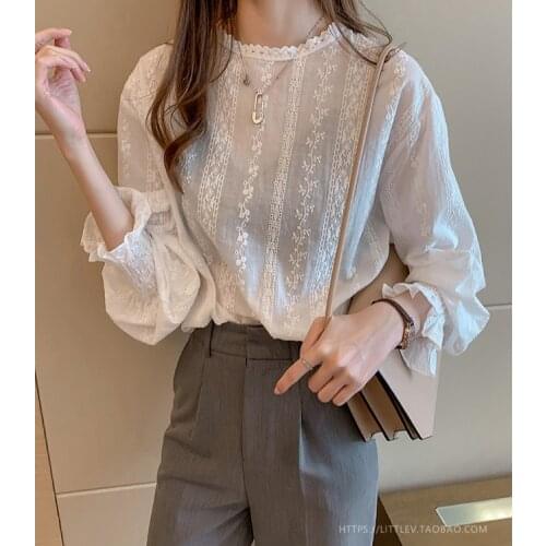 Taytayvola Long Sleeve Blouse Womens Tops Shirts Lace 2021 Korean Fashion White Hollow Out Sexy Office Lady Floral New Shirt