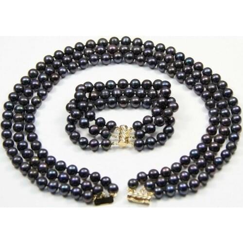 Free shipping jewelry 3 row 7-8mm natural genuine round freshwater white black pearl necklace bracelet 17"-18"